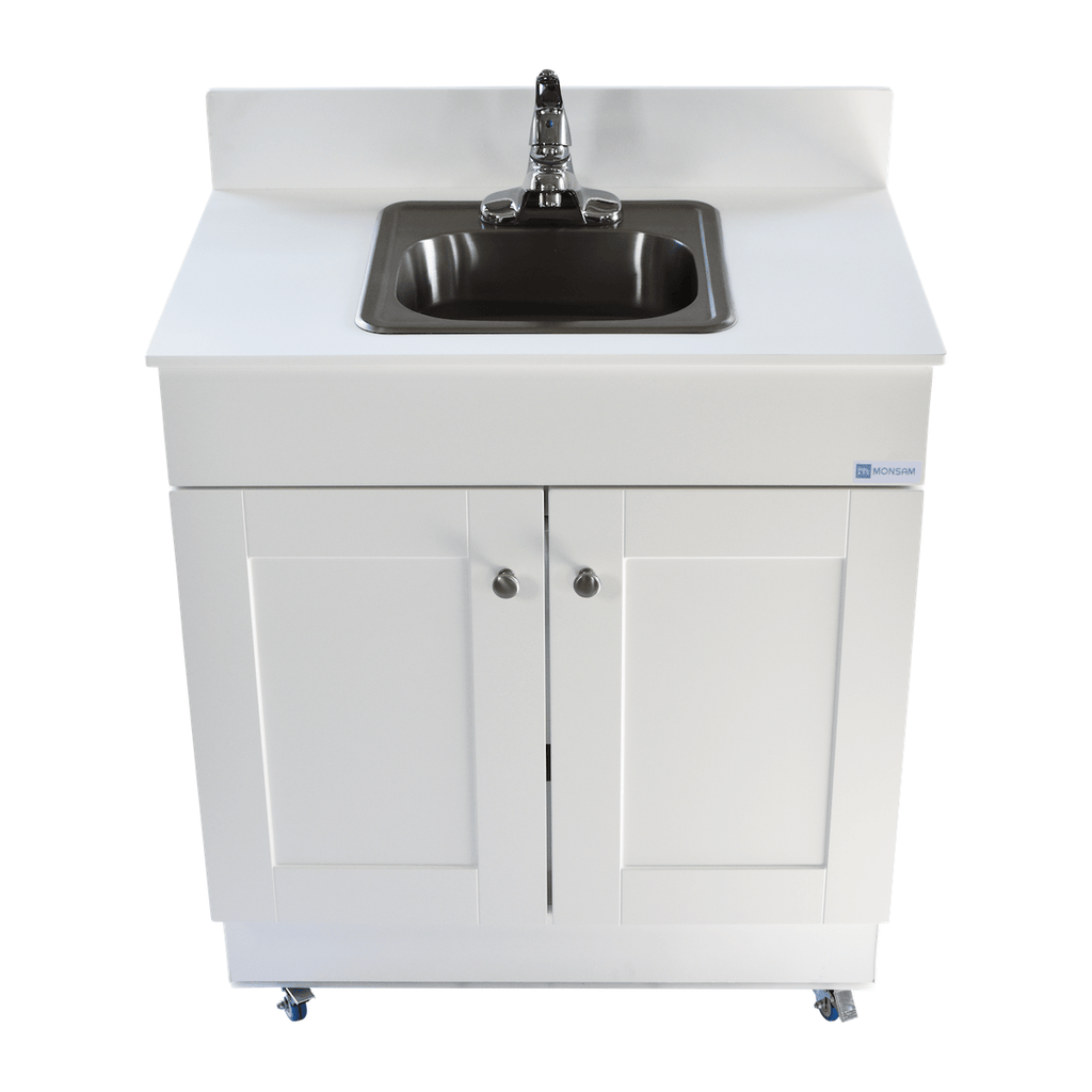 Single Basin Self Contained Portable Sink – WHITE Wood Cabinet PSW-007M-W