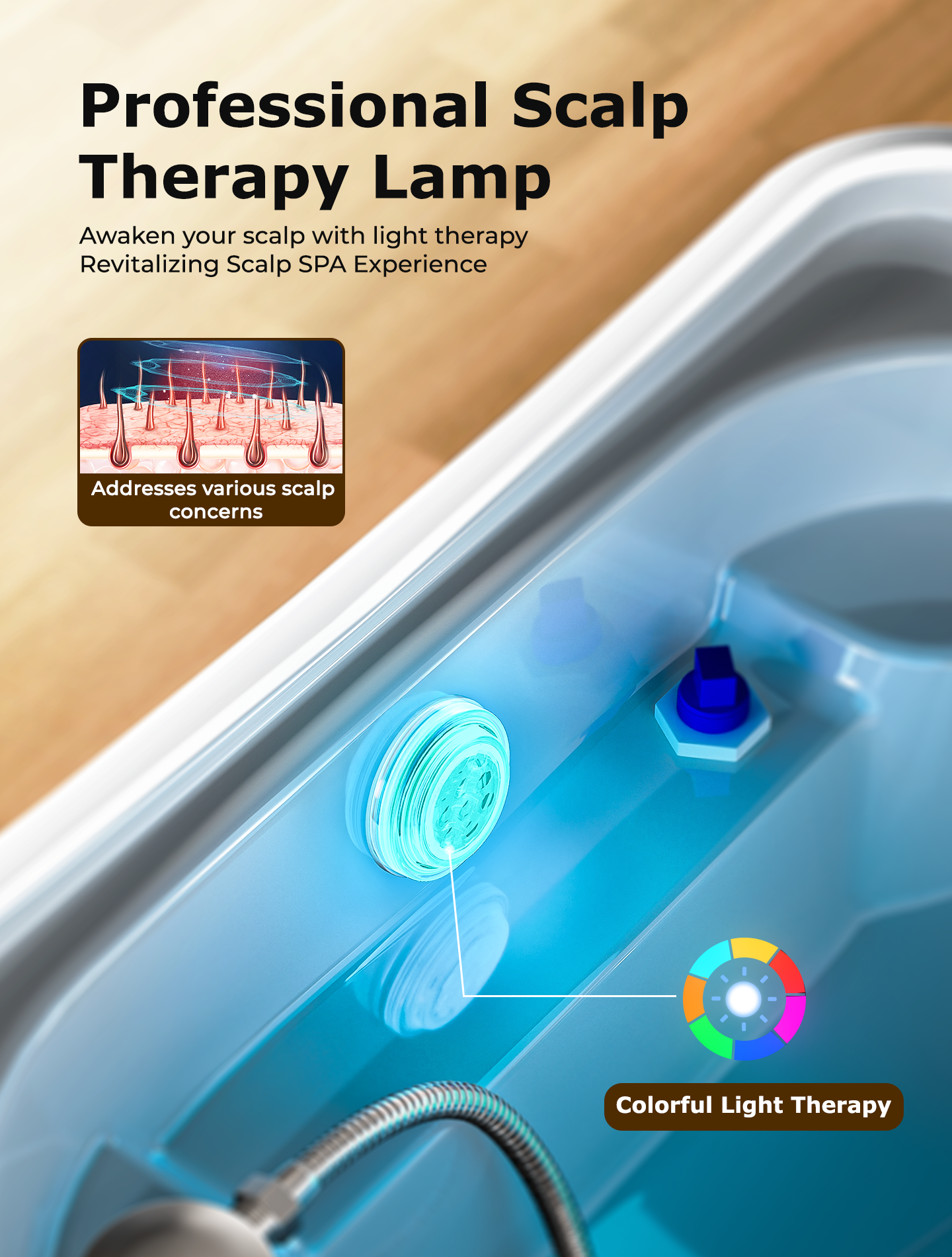 Professional scalp therapy colorful light on TooMiMo Pro head spa
