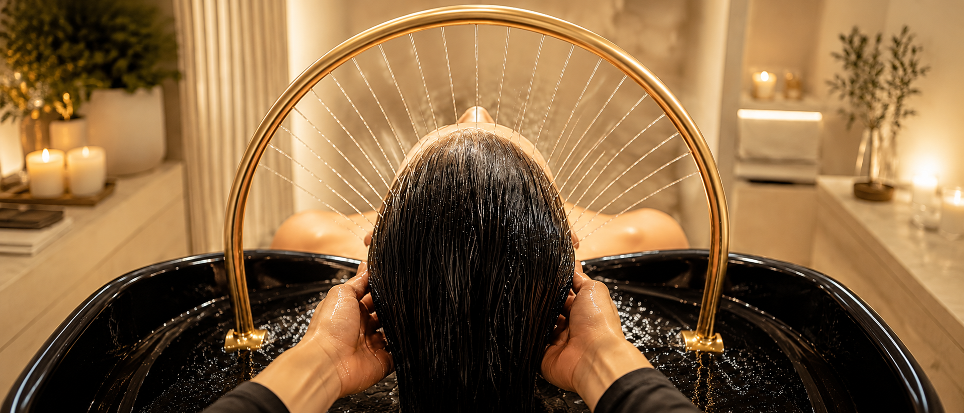 Gold arch fan showerhead head-spa treatment in a warm, candlelit salon